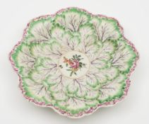 A large Worcester leaf dish: moulded overall with a design of green and puce overlapping leaves