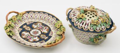 A Worcester blue scale and yellow-ground chestnut basket, cover and stand: of quadrilobed form,