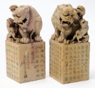 A pair of large Chinese carved stone chop seals: each surmounted with a Foo dog,