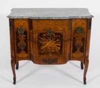 A Louis XV/XVI transitional kingwood, marquetry and gilt metal mounted block front commode:,