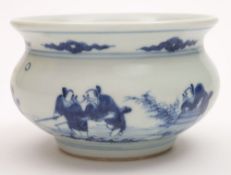 A Chinese porcelain blue and white censer: the exterior painted with paddling fisherman,
