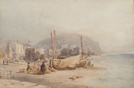 John Wilson Carmichael [1800-1868]- Mending nets on the beach, Hastings:- watercolour 19 x 29cm.