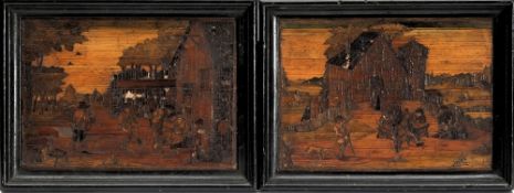 A pair of 18th century Continental straw work pictures: depicting figures outside a tavern,