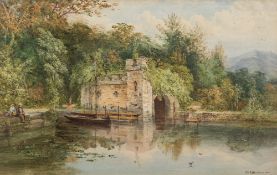 George Finlay Robinson [1841-1900]- A boat house on a river:- signed and dated 1880 watercolour 31