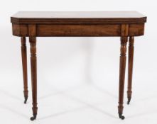 A Regency mahogany tea table:, the rectangular hinged top with a reeded edge and canted angles,