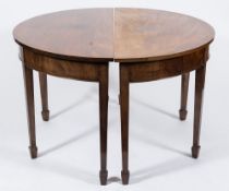 A pair of mahogany and inlaid half round side tables:, forming a dining table,