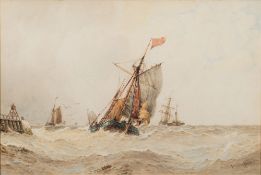 Frederick James Aldridge [1850-1933]- Fishing smack and other craft off a jetty in a choppy