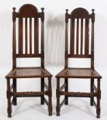 Two 17th Century oak dining chairs:, the backs with arched moulded top rails and turned finials,