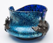 An iridescent pewter mounted glass bowl, probably Loetz:,