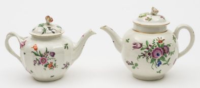Two Worcester polychrome teapots and covers: one of fluted form with entwined branch handle,