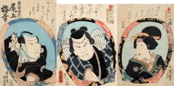 After Kunisada, three woodblock prints of actors: Ichikawa Dannusuke V,