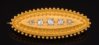 A late Victorian 15ct gold and diamond five stone cannetille brooch: star-set with graduated,
