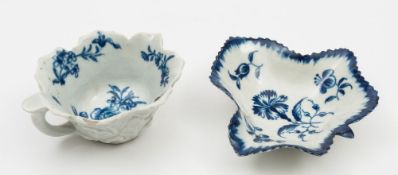A Worcester blue and white leaf moulded butterboat and a leaf shaped pickle dish: the first painted