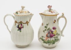 A Worcester sparrow beak reeded milk jug and cover and one similar: the first with ear-shaped