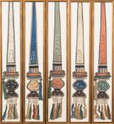 Five Chinese embroidered bell pulls: of matching designs worked in different coloured silks, 78cm.