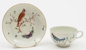 A Worcester tea cup and saucer painted in the workshops of James Giles: with a crested brown bird