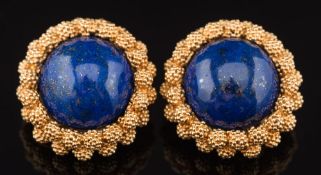 A pair of lapis lazuli single-stone circular clip earrings: each earring approximately 22mm