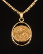 A Victorian sovereign pendant: the sovereign dated '1896' mounted within a wire frame stamped '750',