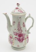 A Worcester fluted coffee pot and cover: with flower knop and scroll handle with thumb rest,