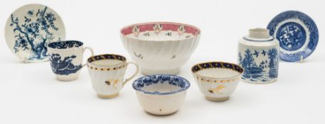 A mixed group including a Pennington's Liverpool cup, a Worcester saucer, a pearlware teapoy,