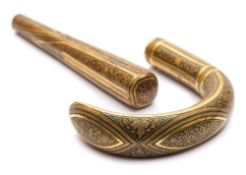 A Spanish gilt metal and niello inlaid parasol handle:, of lobed tapering form 13.5cm.