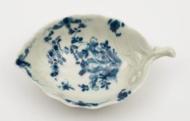 A Worcester blue and white leaf-shaped pickle dish: moulded with veins and painted with the