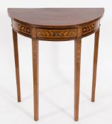 An Edwardian mahogany and floral marquetry half round pier table:, bordered with boxwood lines,