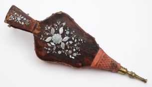 A 19th century tortoiseshell and mother of pearl pair of bellows: with leather bellows and brass