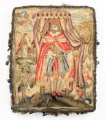 A Charles II silk needlework panel: depicting a monarch outside a tent with dove and sun behind,