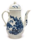 A First Period Worcester blue and white coffee pot and cover: with bud finial,