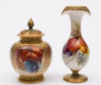 A Royal Worcester porcelain vase and a jar and cover: the former of slender footed form with