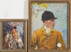 Alice des Clayes [1890-1968]- Mounted huntsman in woodland:- signed, oil on ivory, 9 x 6.