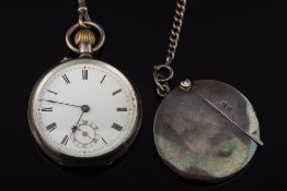 A silver open face keyless lever pocket watch: with attached curb-link watch chain and circular