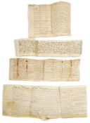 INDENTURES : Five legal documents on vellum, three are 16/17th century in Latin, one dated 1802.
