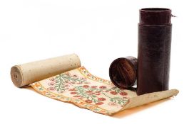 INDIA ILLUMINATED SCROLL : text in tantric script with hand painted floral borders etc,
