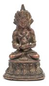 A Sino-Tibetan bronze study of Amitayus with elaborate headress: seated cross-legged on a lotus