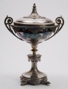 An Elkington plated twin handled dish and cover: the shallow domed cover with foliate decoration