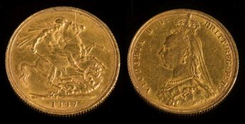 A Victorian sovereign dated '1887':.