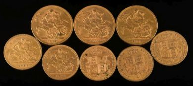 Three sovereigns dated '1886' '1911' and '1912' and five half sovereigns dated '1878', '1883',