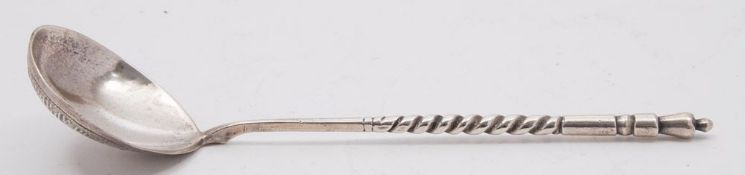 An Imperial Russian silver spoon, marks worn: initialled to the underside of the bowl,