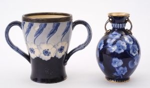 Two George Jones Imperial Ware vases: one of waisted form with pair of large handles and e.p.