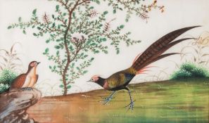 Three Chinese paintings on silk, ornithological subjects: including cranes and pheasants,