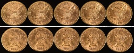 Five American gold ten dollar (Eagle) coins: Liberty Head, all dated 1894.
