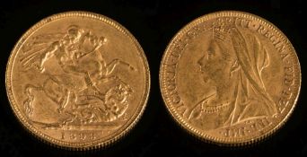 A Victorian sovereign dated '1893':.
