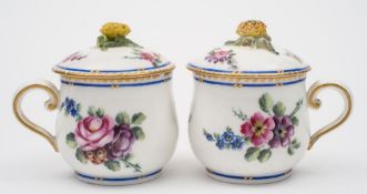 A pair of Sèvres custard cups and covers 'Pot a jus': of bombe form with flower finials and scroll