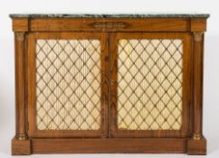 A pair of rosewood and brass inlaid breakfront side cabinets in the Regency taste:,