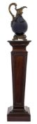 A large 'Sevres' ormolu-mounted blue ground porcelain ewer vase on a mahogany pedestal: the mounts