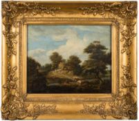 Circle of James Arthur O'Connor [1792-1841]- A landscape with figure and cattle on a riverbank,