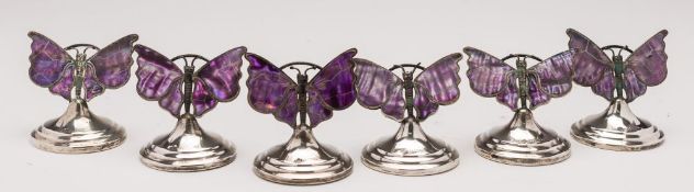 A set of six George V silver and stained mother-of-pearl menu holders,