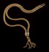 A 9ct gold necklace with diamond mounted, tassel drop: 39cm total length, 15gms gross weight.